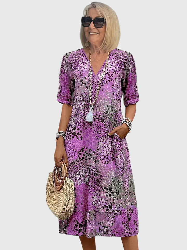 Yvonne | Floral Print Midi Dress with Flowing Silhouette & Belly Coverage