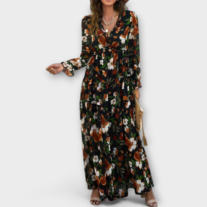 Phoebe | Floral Pleated Maxi Dress with V Neckline