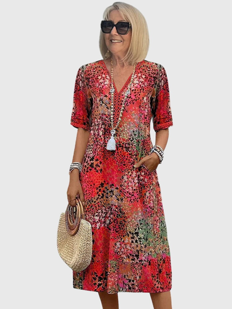 Yvonne | Floral Print Midi Dress with Flowing Silhouette & Belly Coverage