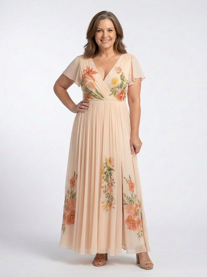 Rosette | Pleated Floral Maxi Dress with V Neckline & Short Sleeves