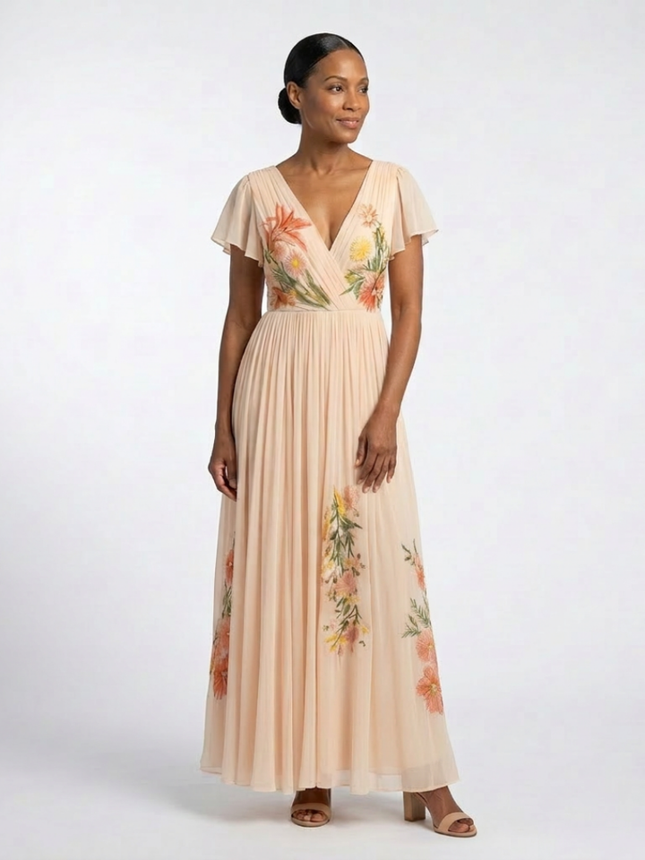 Rosette | Pleated Floral Maxi Dress with V Neckline & Short Sleeves