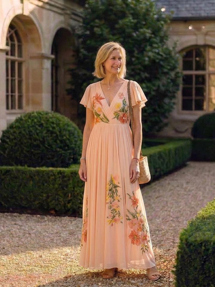 Rosette | Pleated Floral Maxi Dress with V Neckline & Short Sleeves