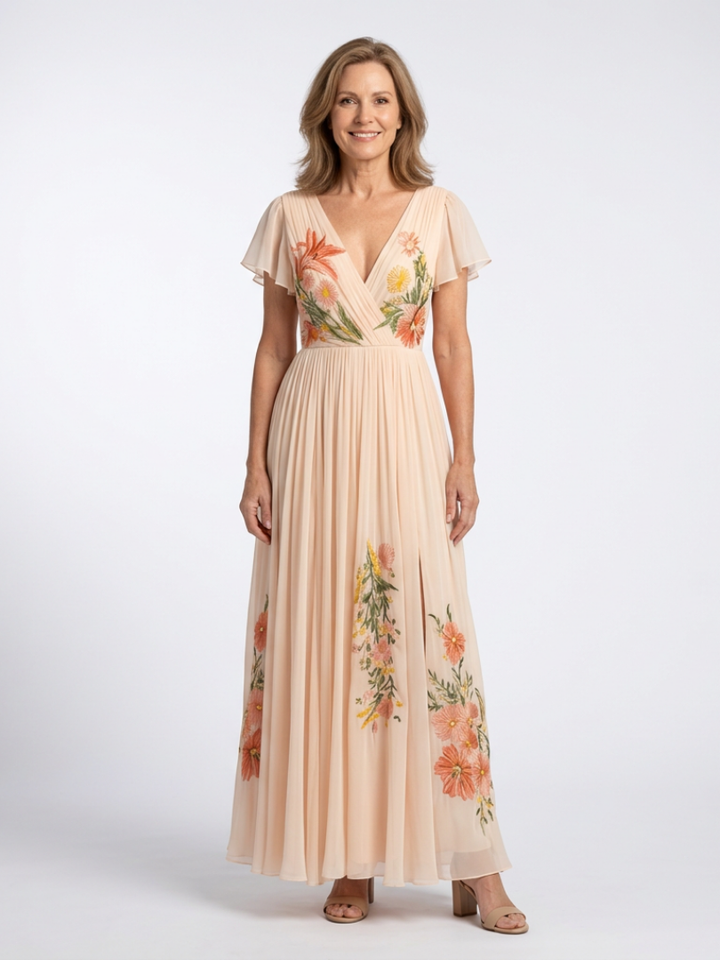 Rosette | Pleated Floral Maxi Dress with V Neckline & Short Sleeves