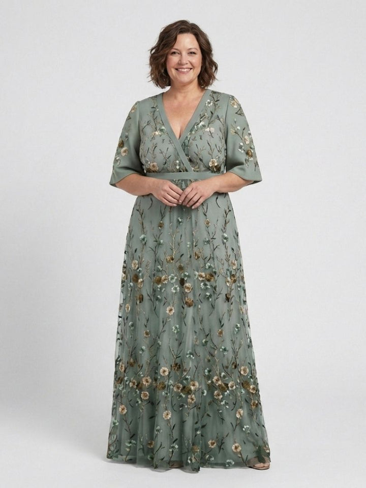 Sylvie | Floral Maxi Dress with V Neckline & Short Sleeves
