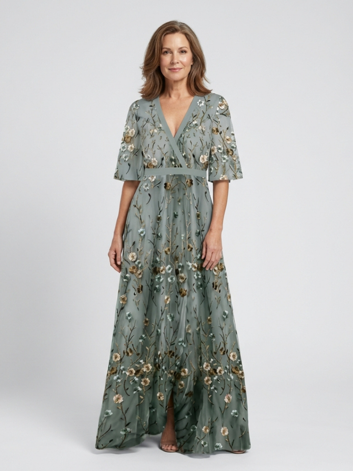 Sylvie | Floral Maxi Dress with V Neckline & Short Sleeves