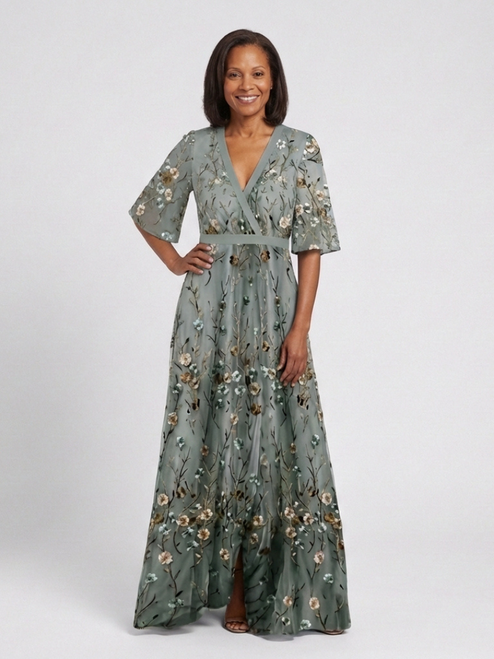 Sylvie | Floral Maxi Dress with V Neckline & Short Sleeves