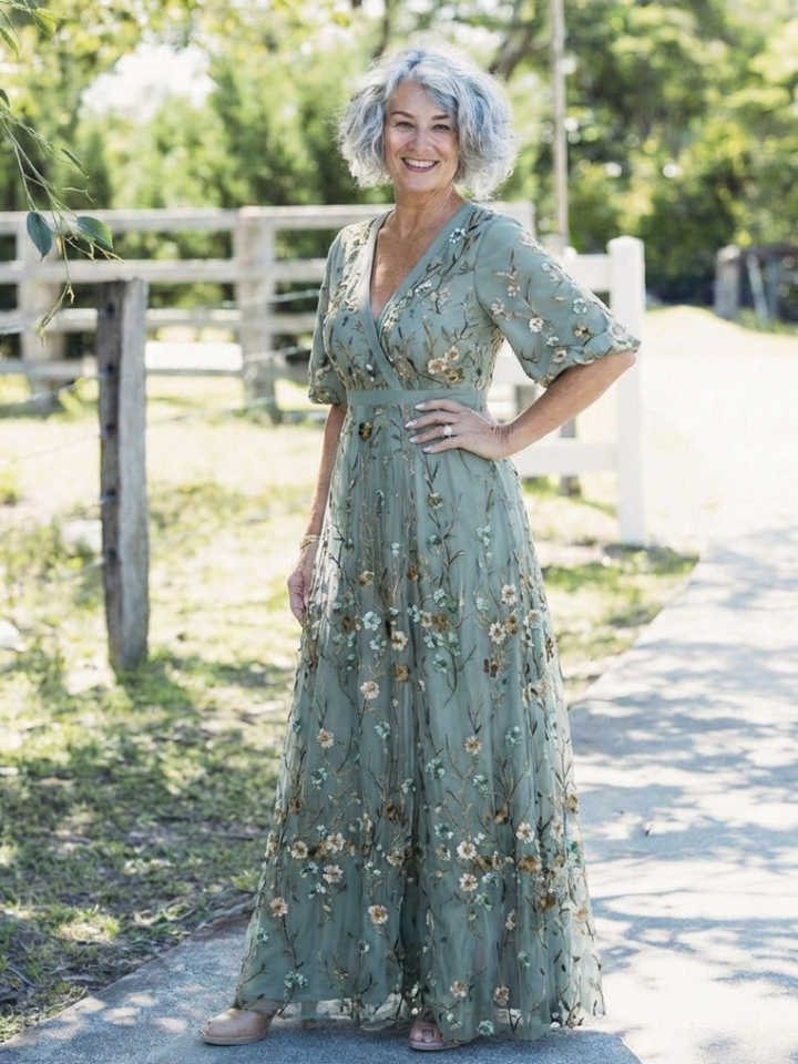 Sylvie | Floral Maxi Dress with V Neckline & Short Sleeves