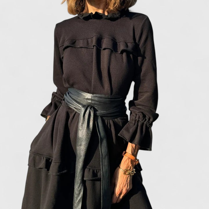 Brianne | Layered Ruffle Midi Dress with High Neckline & Long Sleeves