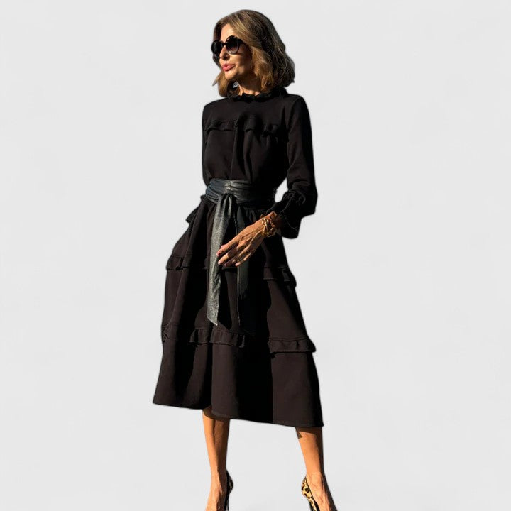 Brianne | Layered Ruffle Midi Dress with High Neckline & Long Sleeves