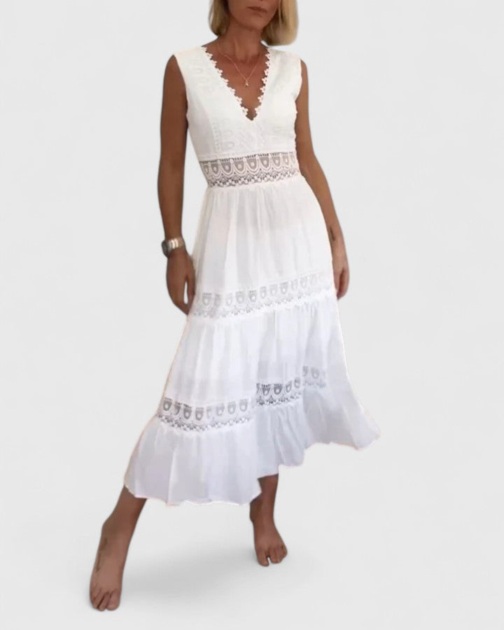 Alena | V Neck Tiered Midi Dress with Crochet Lace Detail