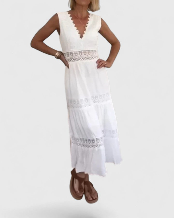 Alena | V Neck Tiered Midi Dress with Crochet Lace Detail