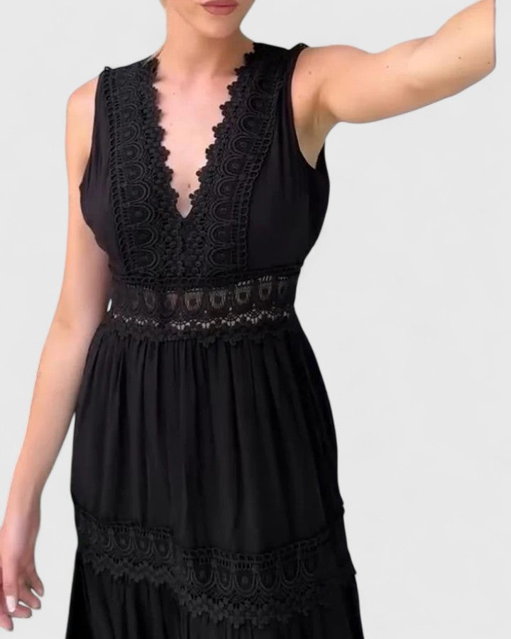 Alena | V Neck Tiered Midi Dress with Crochet Lace Detail