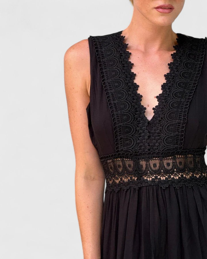 Alena | V Neck Tiered Midi Dress with Crochet Lace Detail