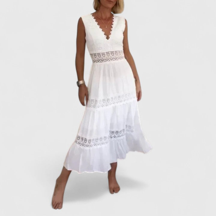 Alena | V Neck Tiered Midi Dress with Crochet Lace Detail