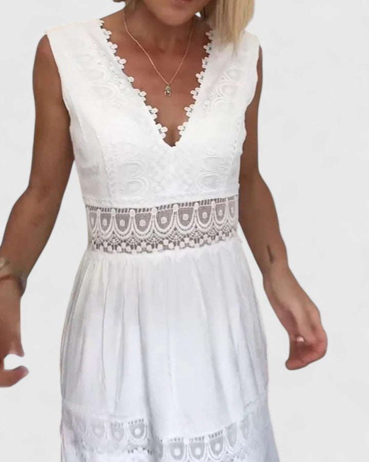 Alena | V Neck Tiered Midi Dress with Crochet Lace Detail