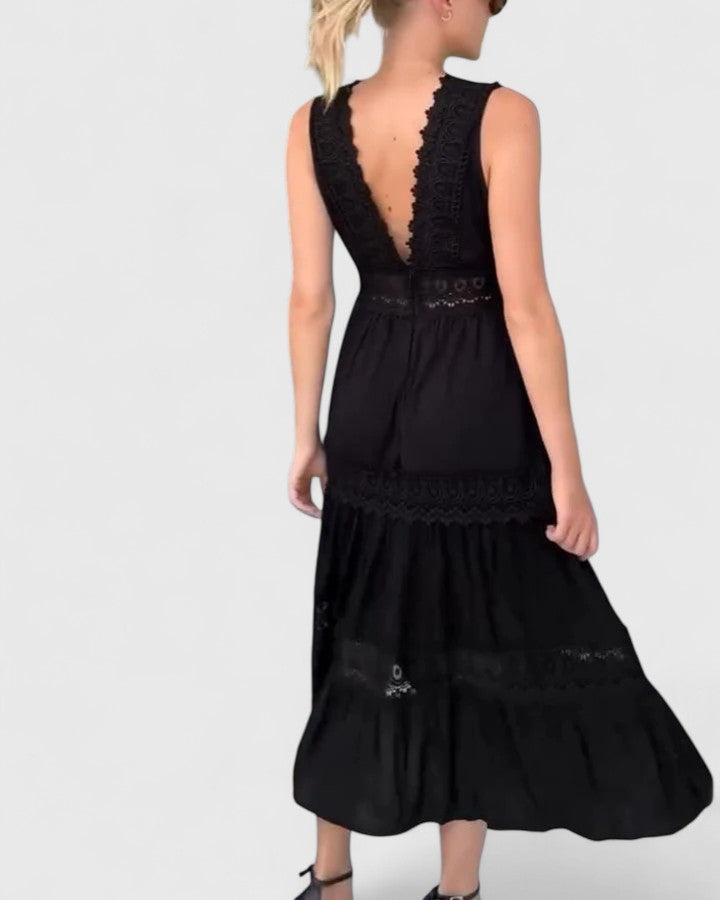 Alena | V Neck Tiered Midi Dress with Crochet Lace Detail