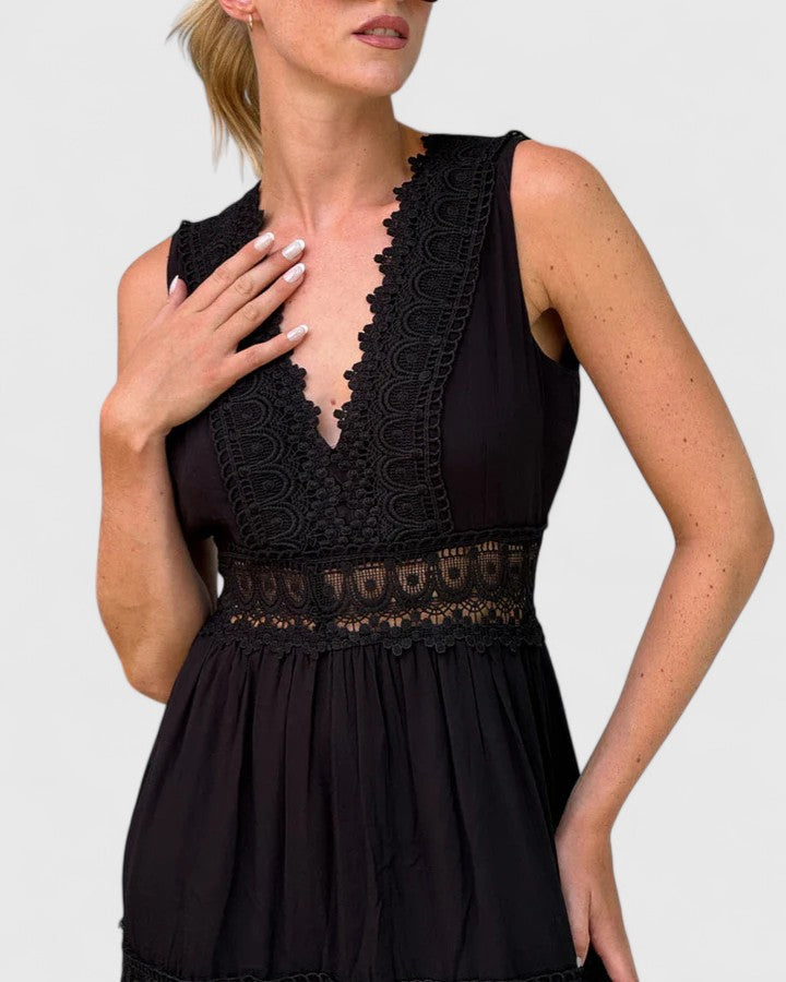 Alena | V Neck Tiered Midi Dress with Crochet Lace Detail