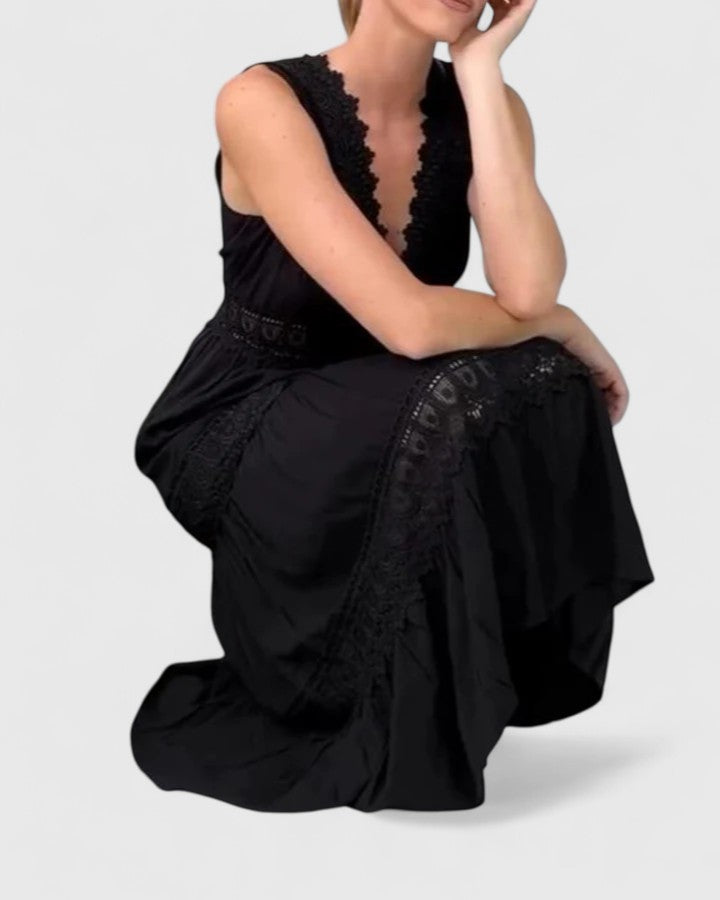 Alena | V Neck Tiered Midi Dress with Crochet Lace Detail