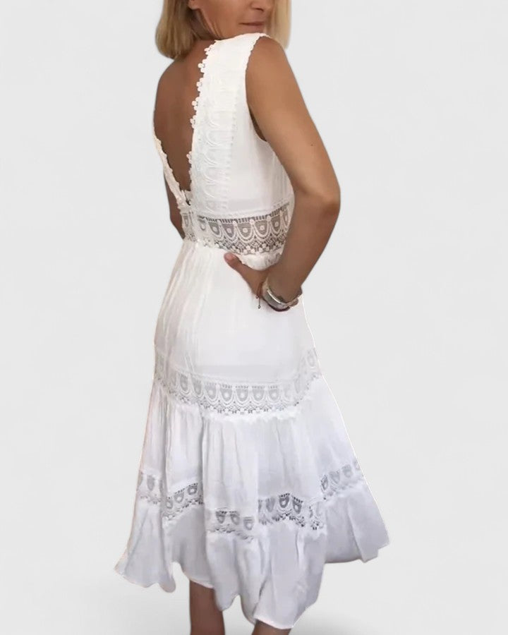 Alena | V Neck Tiered Midi Dress with Crochet Lace Detail
