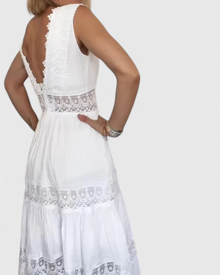 Alena | V Neck Tiered Midi Dress with Crochet Lace Detail