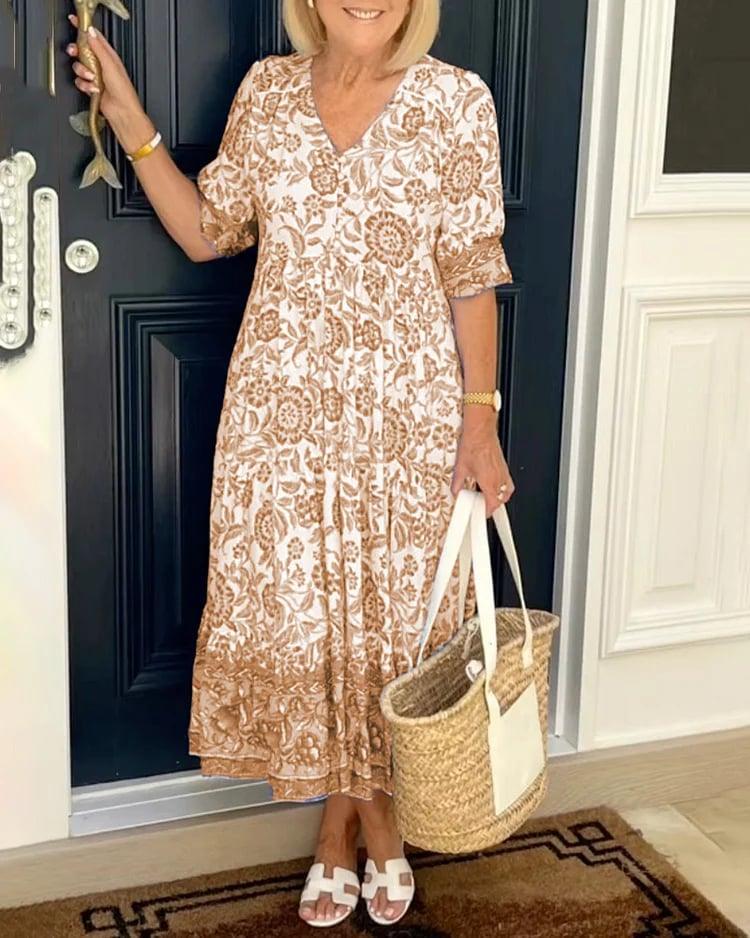 Fiona | Floral Print Flowing Midi Dress with Elastic Waist