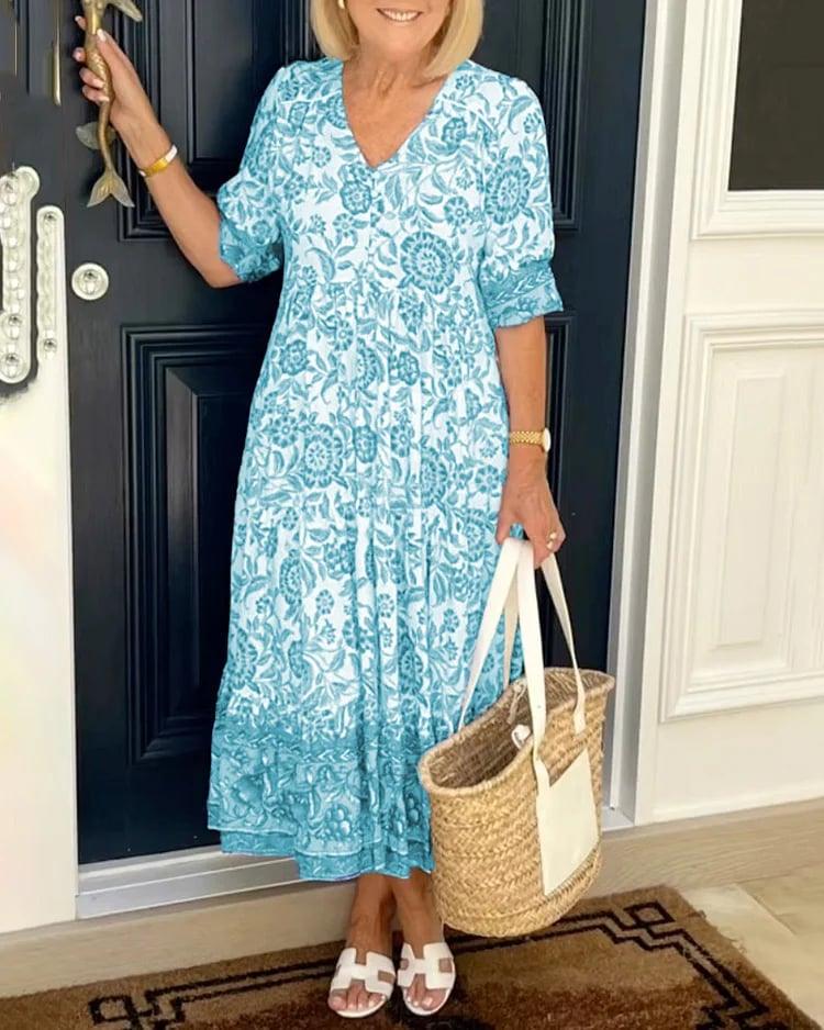 Fiona | Floral Print Flowing Midi Dress with Elastic Waist