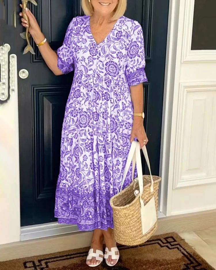 Fiona | Floral Print Flowing Midi Dress with Elastic Waist