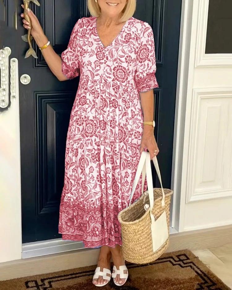 Fiona | Floral Print Flowing Midi Dress with Elastic Waist