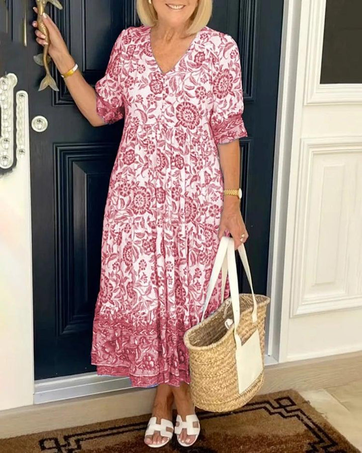 Fiona | Floral Print Flowing Midi Dress with Elastic Waist