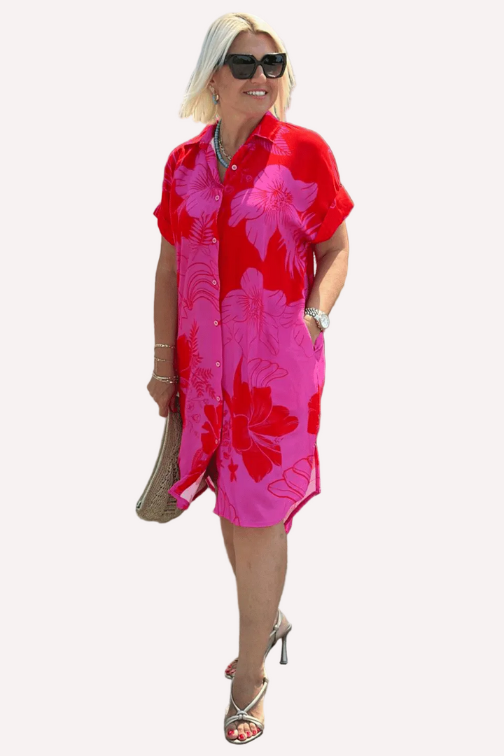Elaine | Floral Print Shirt Dress with Short Sleeves & Loose Fit