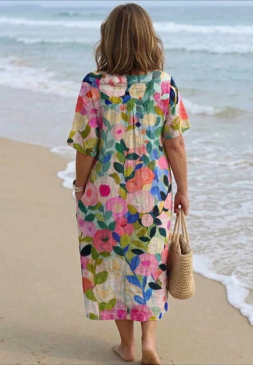 Bente | Vintage Floral V Neck Dress with Short Sleeves